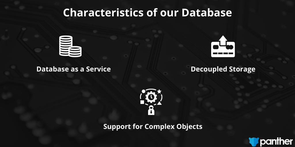 Characteristics of our Database: Database as a service, Support for complex objects, Decoupled storage